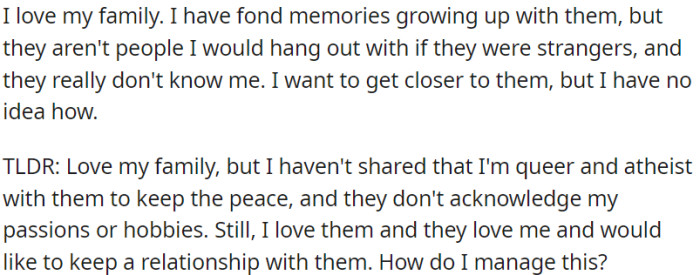 OP has a deep love for her family, but she has not shared 