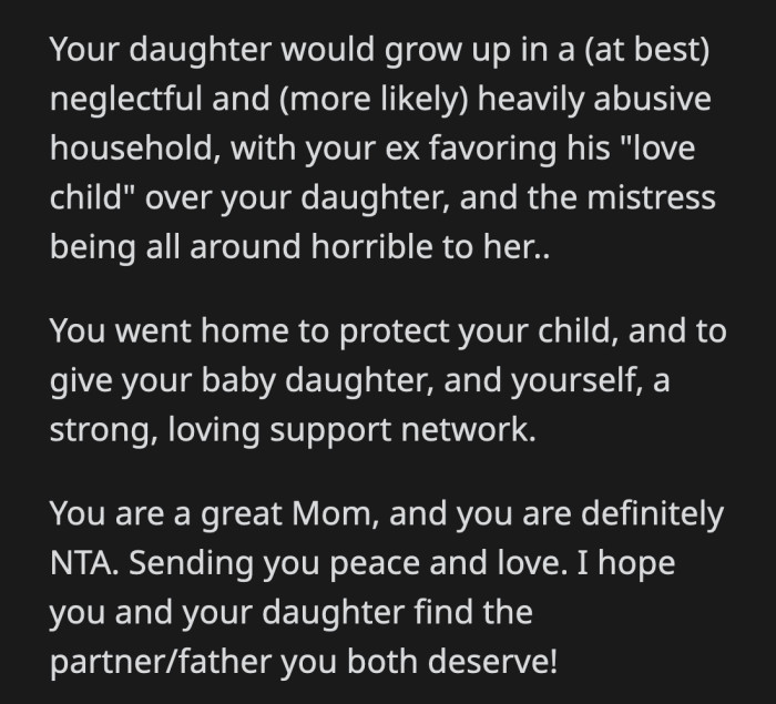 If OP stayed, she would have risked her child's safety