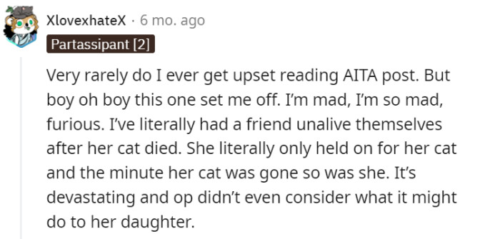 The emotions stirred by the AITA post had a profound impact on the commenter, leading to a sense of anger and fury. They shared a deeply personal experience of witnessing a friend's tragic outcome following the loss of her cat, emphasizing the profound bond that can exist between individuals and their pets, and highlighting the potential consequences of disregarding such connections.