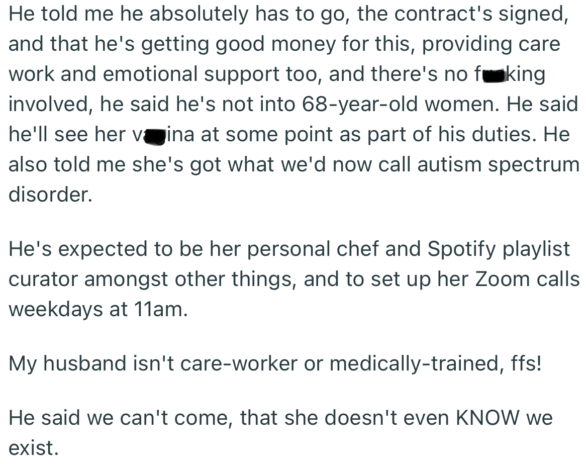Even though OP’s husband assured her that the job wasn’t anything sexual, she was stunned by the other details of his contract