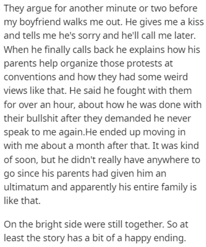 The boyfriend was on OP's side and he ended up moving in with her