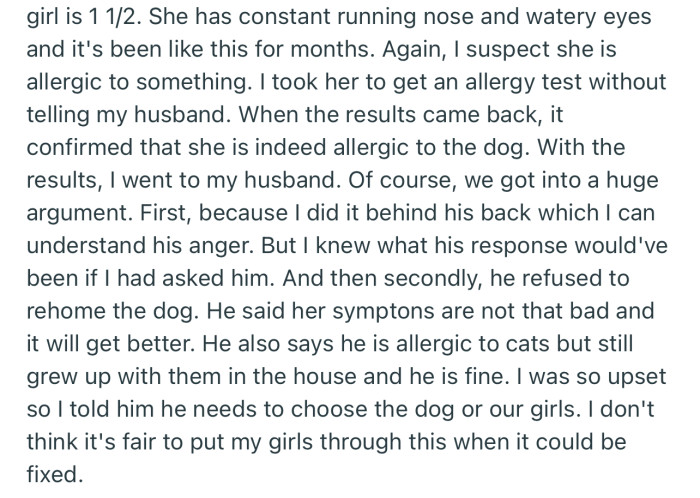 OP found out that their youngest daughter is allergic to dogs, but their husband isn’t willing to rehome the dog
