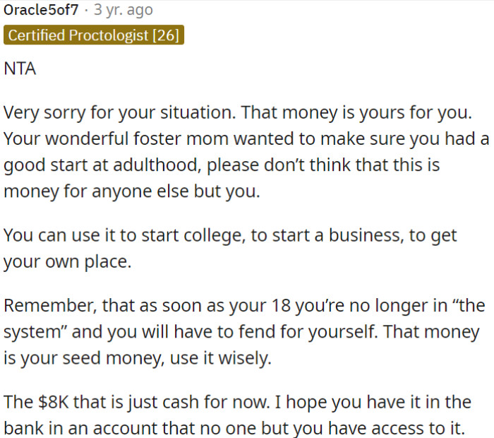 It's important for OP to keep the money in a personal bank account to ensure it remains accessible only to him.