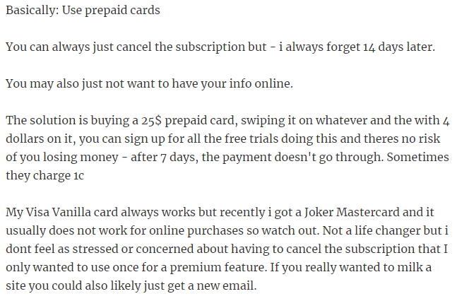 40. Using empty prepaid cards for free trial subscriptions helps avoid the risk of forgetting to cancel.