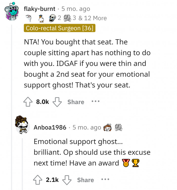 #4 What if OP bought the seat for her emotional support? They have nothing to do with that.