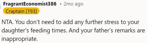 OP's father's comments about her daughter's breastfeeding are unnecessary and inappropriate.