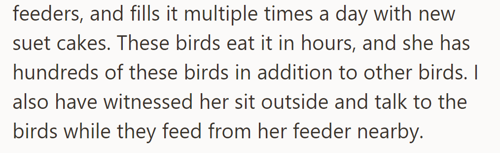 She maintains multiple suet feeders, refilling them daily for hundreds of birds, often chatting with them as they feed.