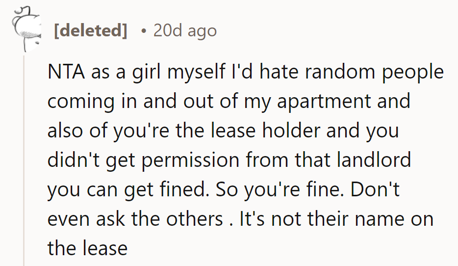 NTA. Randoms in the apartment? Definitely not on their leaseholder's watch or the lease's terms.