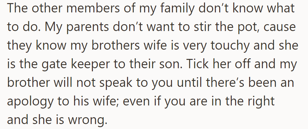 Family members hesitate to act due to the brother's wife's sensitivity and control over access to their son.