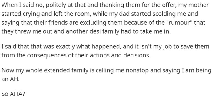 OP stood his ground, stating that it's not his responsibility to save them from the consequences of their actions