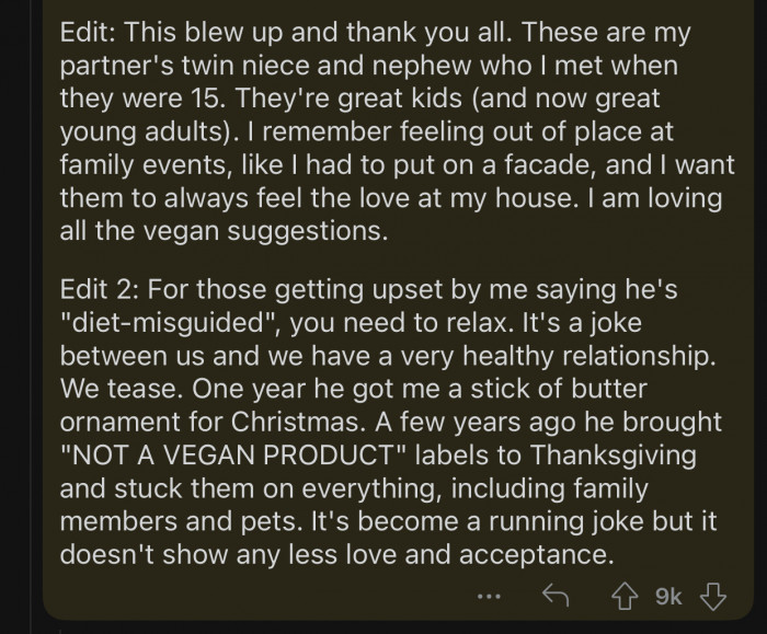 The OP thanked everyone for their comments and vegan suggestions.