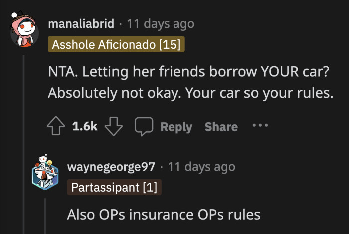 Her sister doesn't even realize how badly it could affect OP if anything happens to her or her friends while using OP's car