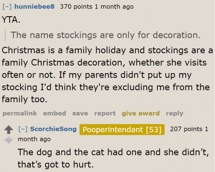 Whether or not a family member is around, their stocking should be displayed during Christmas.