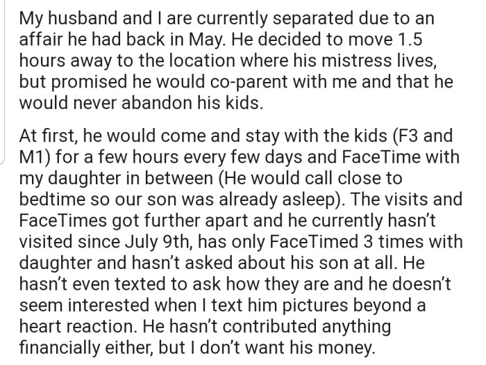 OP's husband moved out after cheating and has been growing distant from the kids ever since