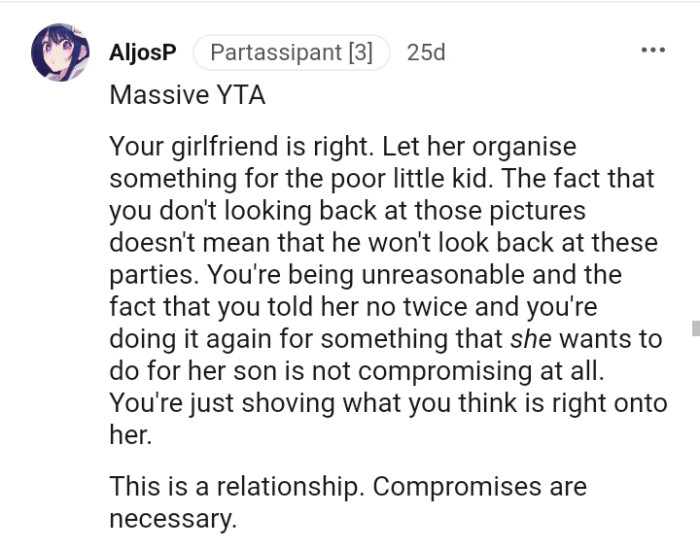 The OP is just shoving what he thinks is right onto his GF.