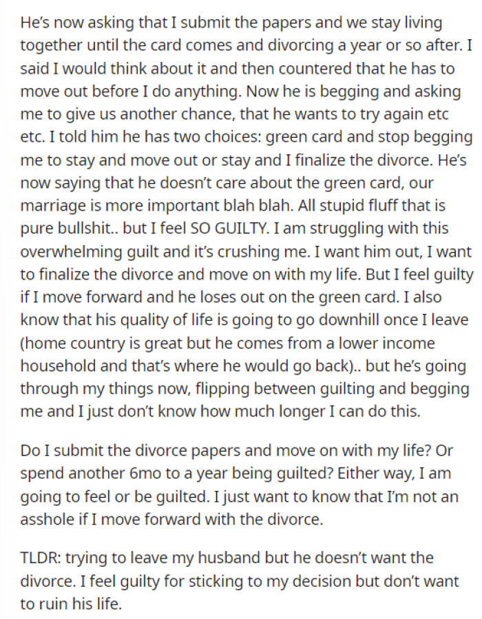 She wants to just move forward with the divorce but wants to know if she's going to be in the wrong for doing this or not.
