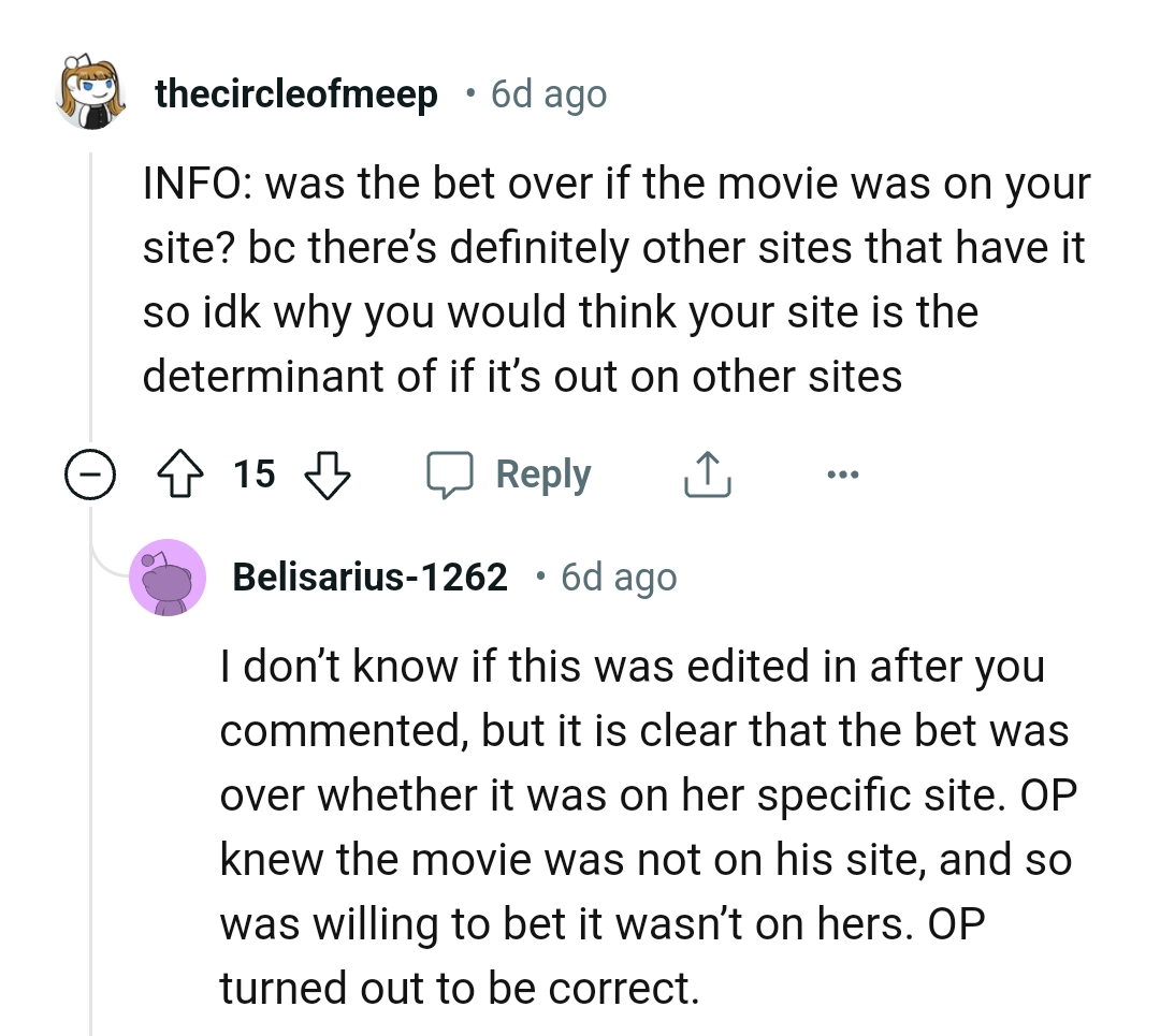 The bet was over if the movie was on her own site