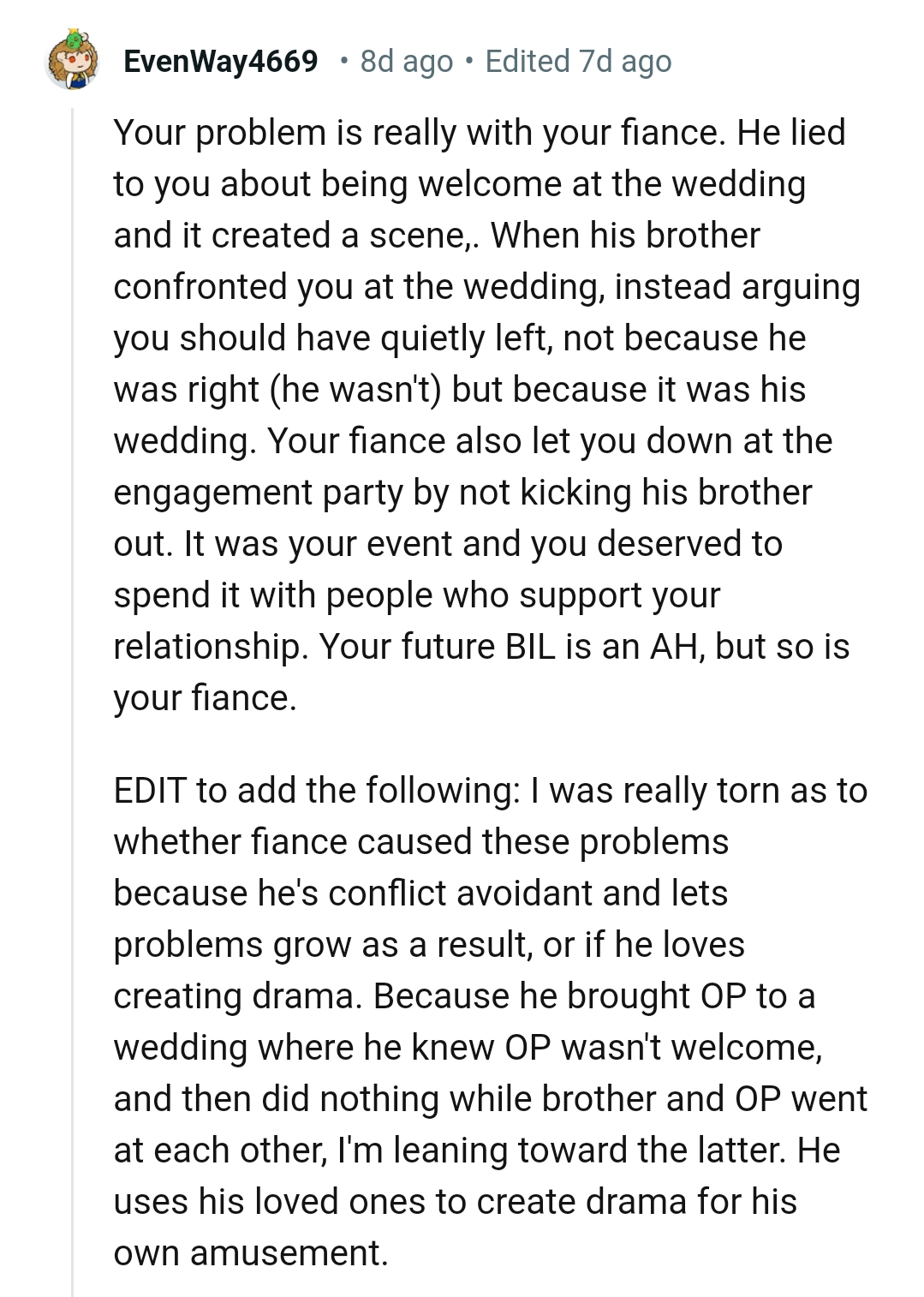 OP's fiancé let him down at the engagement party
