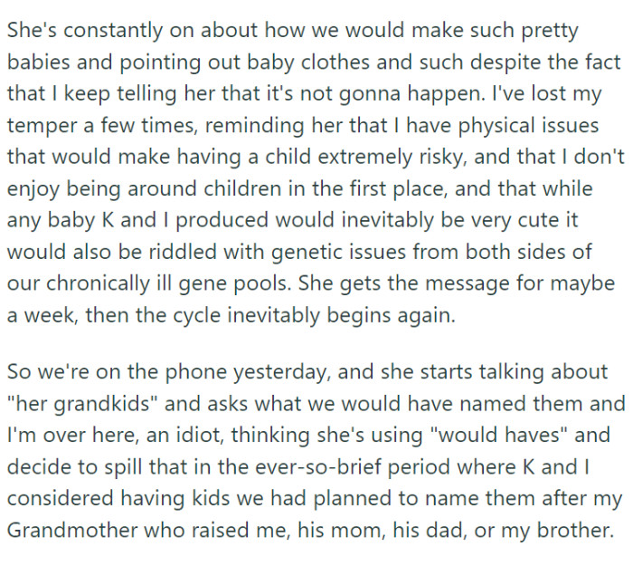 Despite their clarity on this issue, OP's mother remained fixated on the idea of grandchildren.