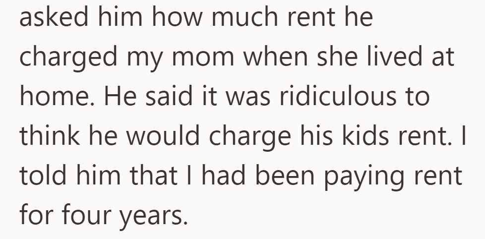 When asked about mom's rent, he dismissed the notion of charging kids and highlighted four years of rent payments in response.