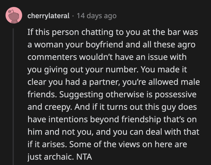Another said OP's boyfriend should trust her to fend off the guy's advances if it becomes clear that he has intentions other than friendship.
