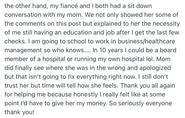 OP had a talk with her mom to see reasons on why her demands are absurd