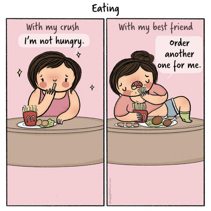 Eating in the presence of your crush vs. Eating with your BFFs.