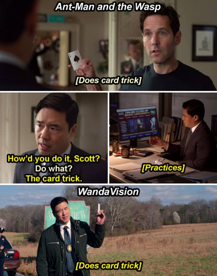 38. In 'WandaVision' we see that Jimmy Woo mastered the card trick Scott showed him in 'Ant-Man and the Wasp'