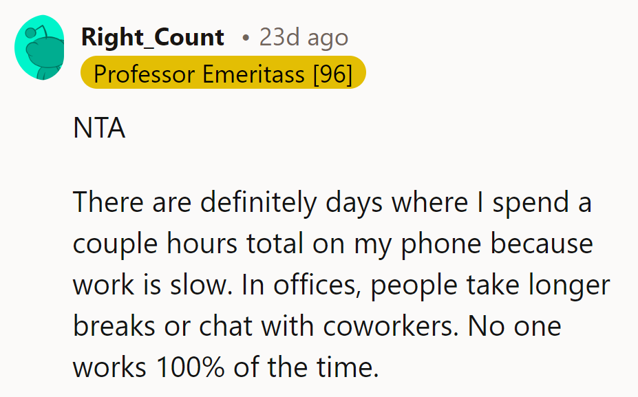 NTA. Everyone has slow days—people chat or take breaks. No one works non-stop.