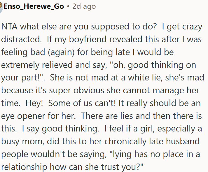 White lies to help a chronically late partner aren’t betrayal but practical thinking.
