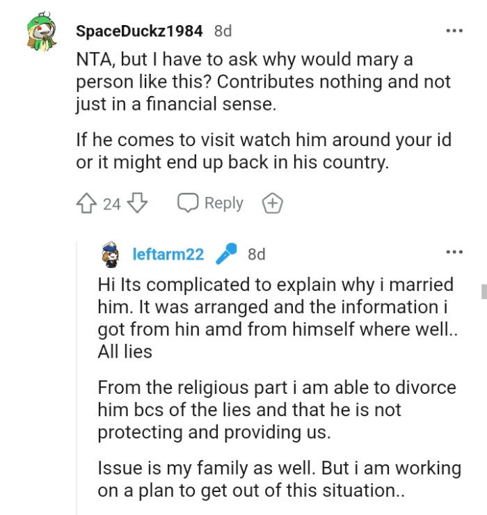 The OP is saying that it's hard for her to explain why she married him