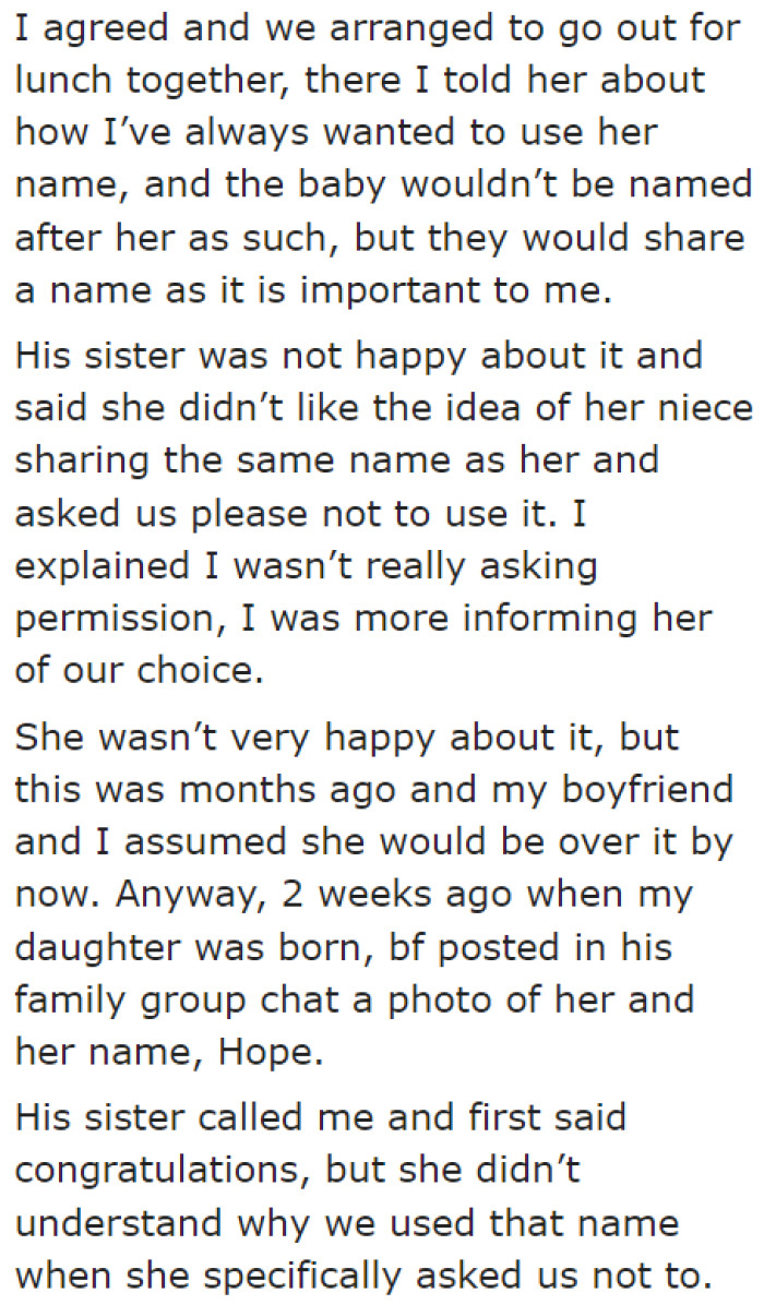 The OP's SIL was against the idea of naming the child the same name as hers.