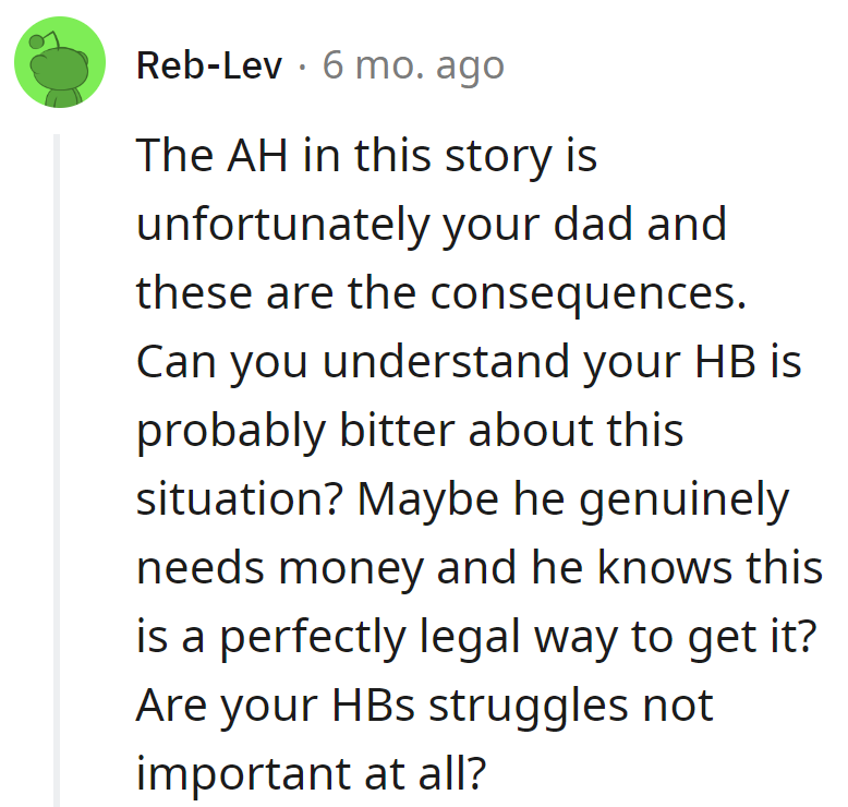 Dad's drama script got us twisted. Empathy is needed—legal battle or family BBQ?