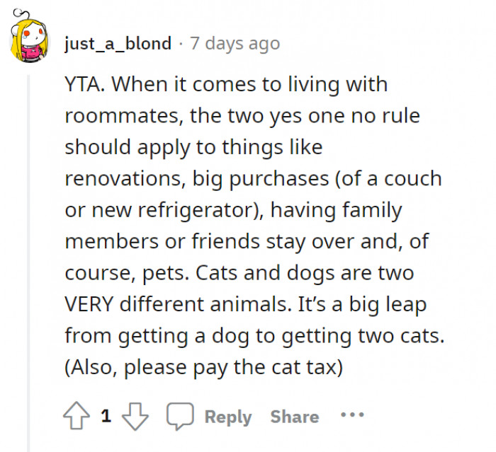 This one thinks that OP is an asshole for trying to break the rule with living with roommates.