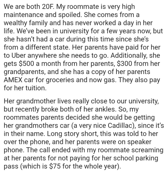 OP's roommate comes from a wealthy family and has never worked a day in her life