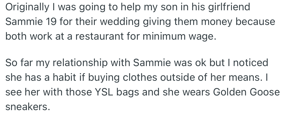 OP intended to pay for the wedding of her son and his girlfriend (Sammie) since they both made little from their jobs. Although OP’s relationship with Sammie has been cordial, certain habits of hers struck a chord.