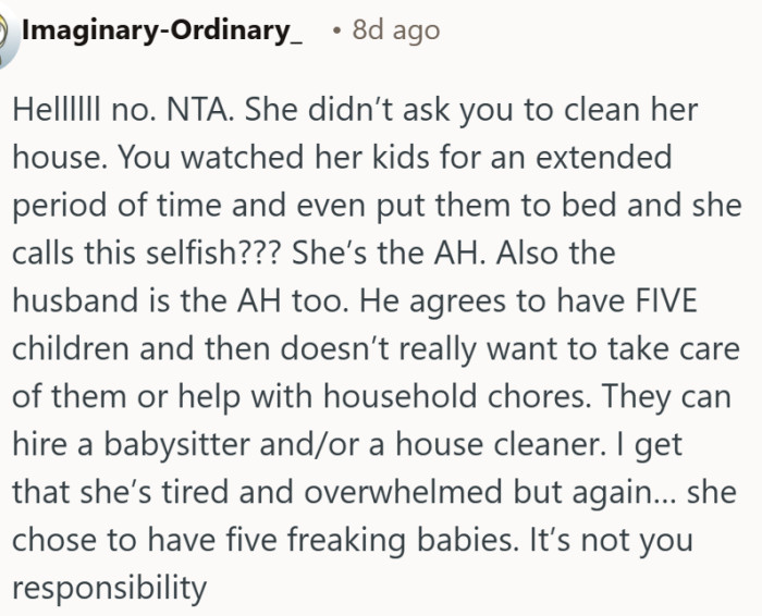 Woman watching five kids at home while cousin cleans, family tension