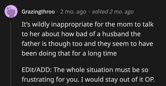 OP is better off staying out of her parents' marriage and their issues.
