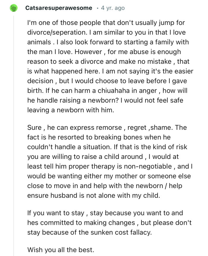“I would choose to leave before I gave birth. If he can harm a chihuahua in anger, how will he handle raising a newborn?”