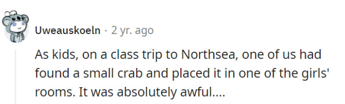 A childhood crab caper by the sea—proof that room pranks have deep historical roots, and sometimes, even deeper sea-life infestations!