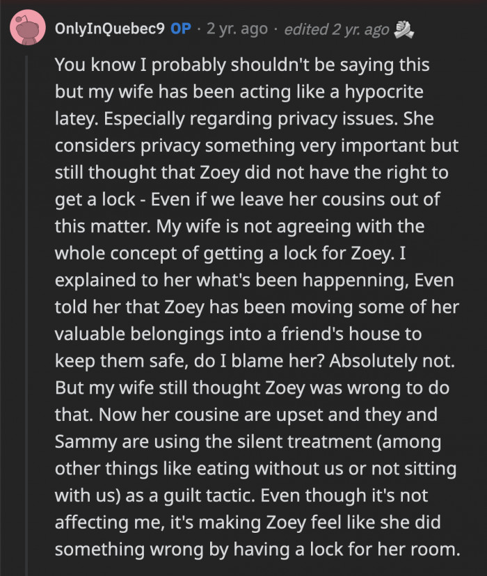 OP said his wife's hypocrisy about privacy has been an ongoing issue even before this.