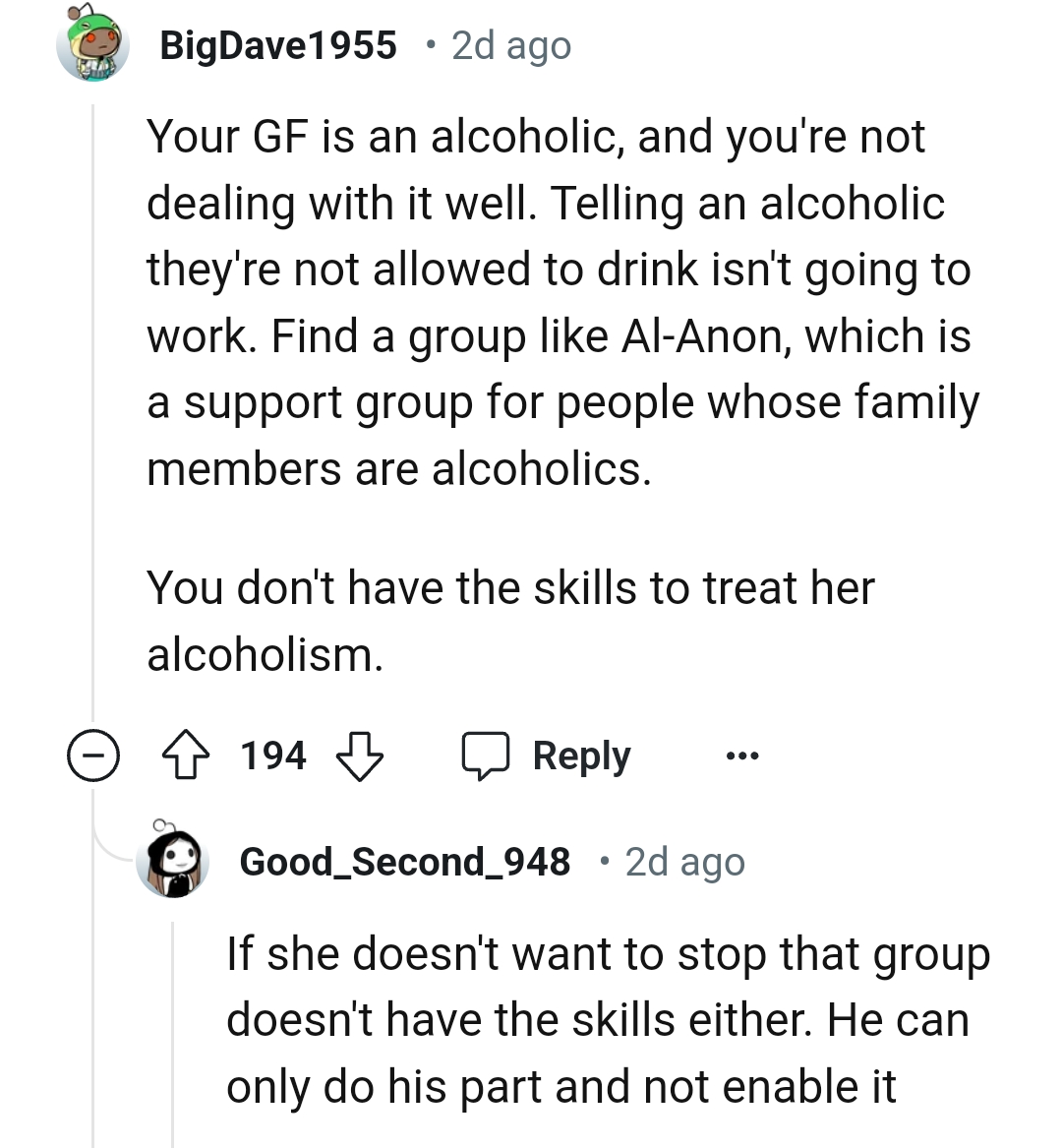 The OP can find a support group for people whose family members are alcoholics