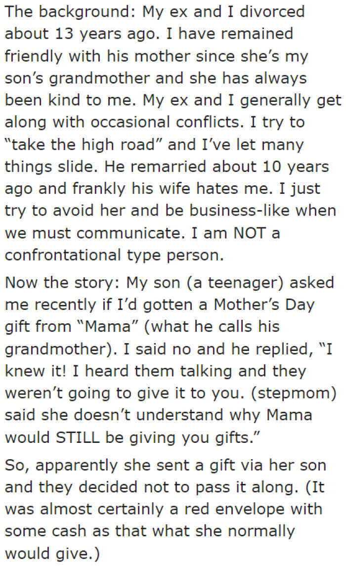 The OP's son overheard his dad and stepmom discussing the Mother's Day gift from the ex-MIL, originally intended for the OP.
