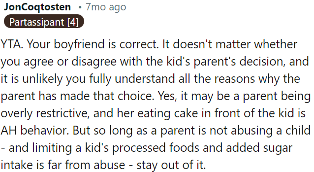 OP's boyfriend is right; it's not her place to judge the parents' decision about the child's diet.