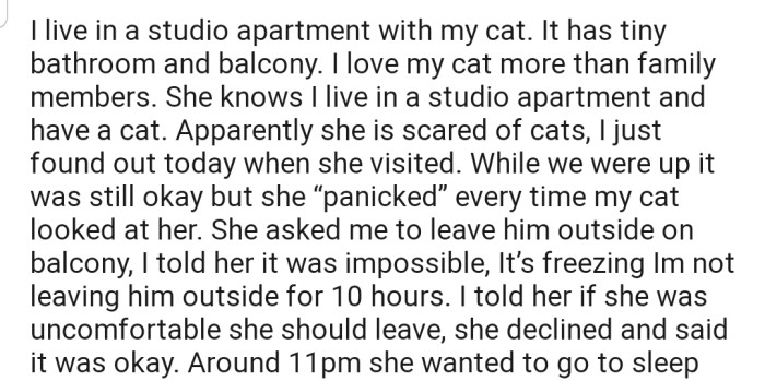 OP's friend decided to sleep over at her place. But OP's cat has been creeping her friend out ever since she arrived.