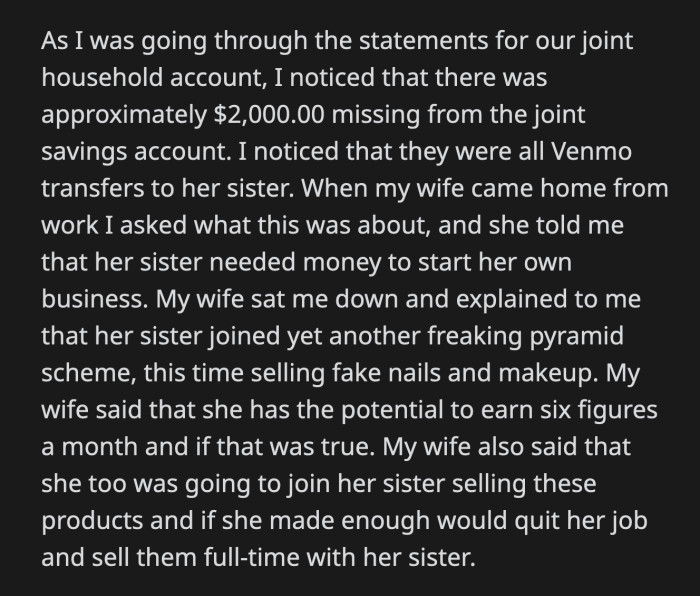 She said she would quit her job to sell nails and makeup with her sister.