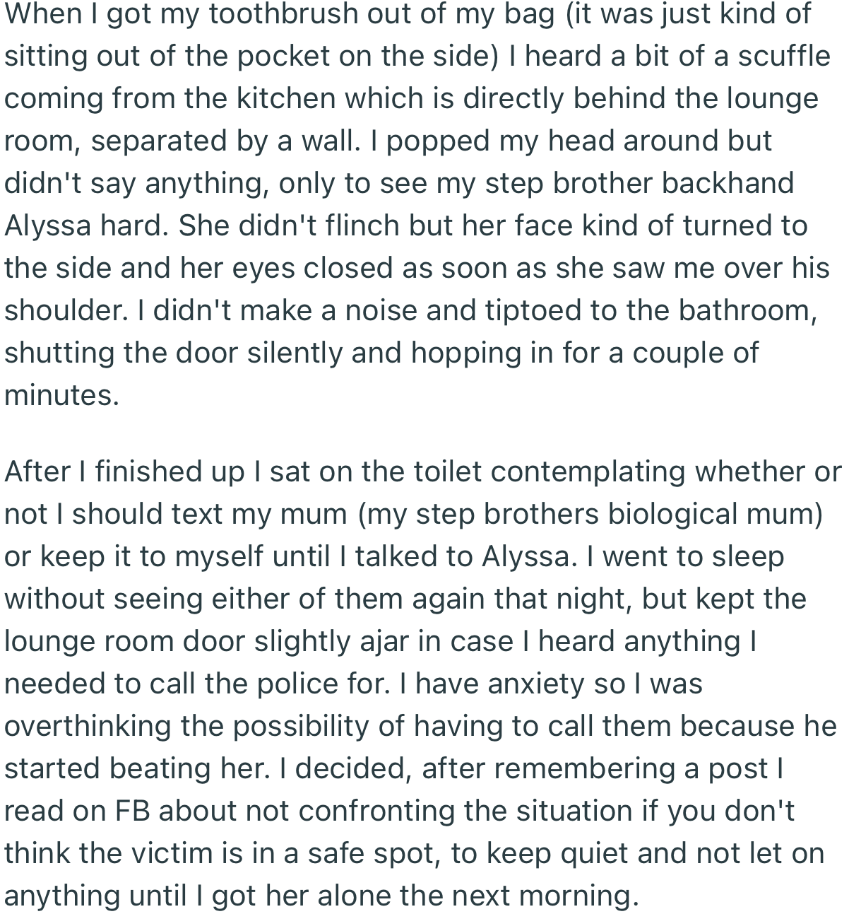 OP Saw Her Stepbrother Hit His Girlfriend, Alyssa. All Through the Night, She Kept Contemplating Whether to Keep Quiet or Inform Her Stepmom About It