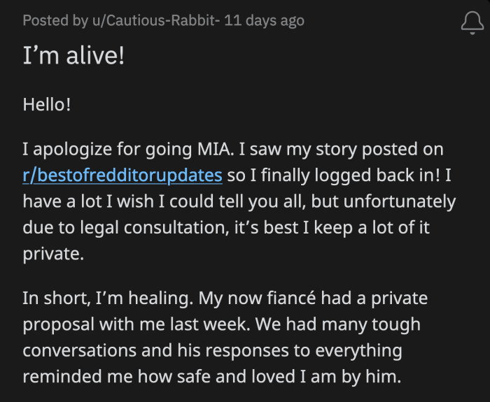 OP accepted her boyfriend's proposal. They are working on her healing.