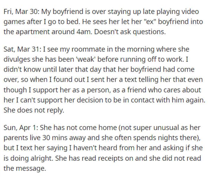 She explains her roommate's boyfriend and how she approached that situation.