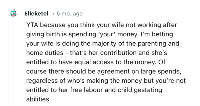 “YTA because you think your wife not working after giving birth is spending ‘your’ money.”